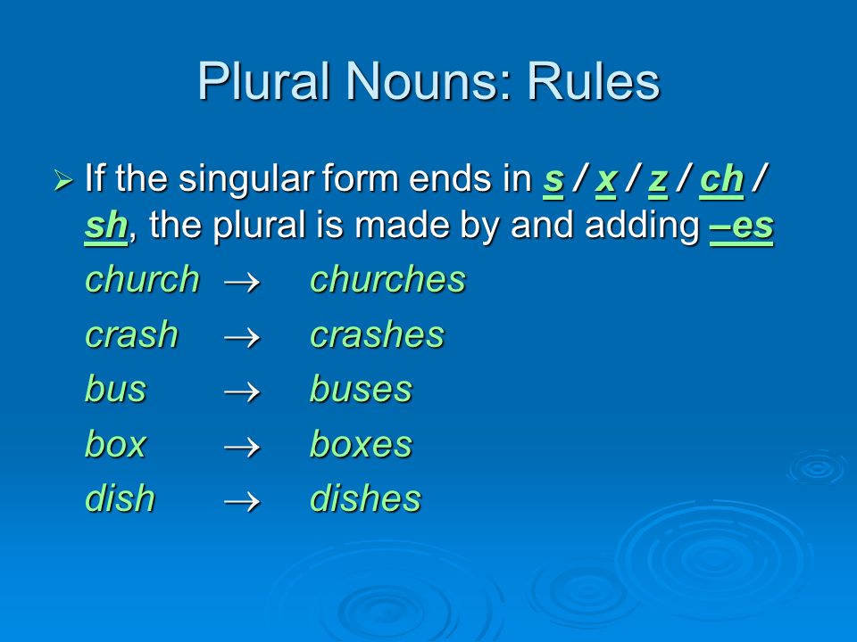 Plural Nouns: Rules  If the singular form ends in s / x / z / ch / sh, the plural is made by and adding –es church  churches crash  crashes bus  buses box  boxes dish  dishes