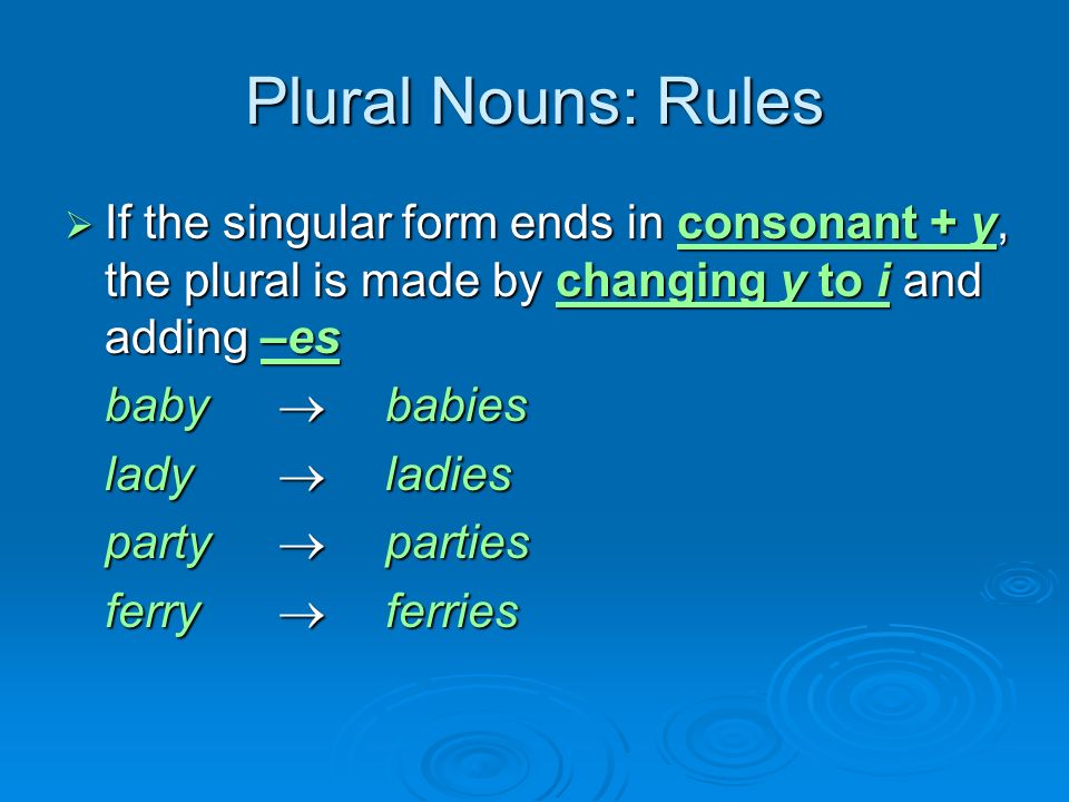 Plural Nouns: Rules  If the singular form ends in consonant + y, the plural is made by changing y to i and adding –es baby  babies lady  ladies party  parties ferry  ferries