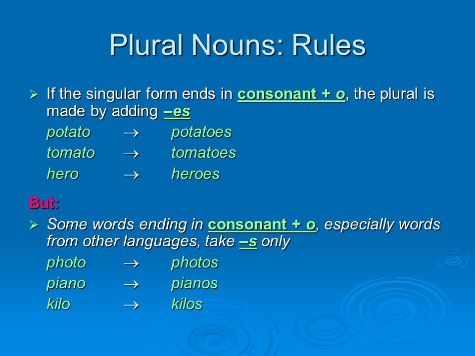 Plural Nouns: Rules  If the singular form ends in consonant + o, the plural is made by adding –es potato  potatoes tomato  tomatoes hero  heroes But:  Some words ending in consonant + o, especially words from other languages, take –s only photo  photos piano  pianos kilo  kilos