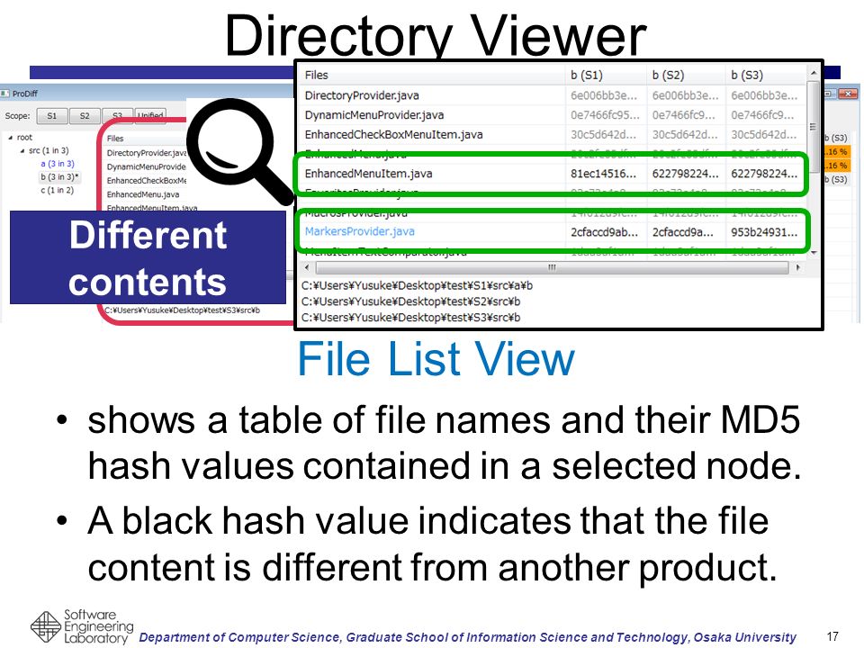 Department of Computer Science, Graduate School of Information Science and Technology, Osaka University Directory Viewer 17 File List View shows a table of file names and their MD5 hash values contained in a selected node.