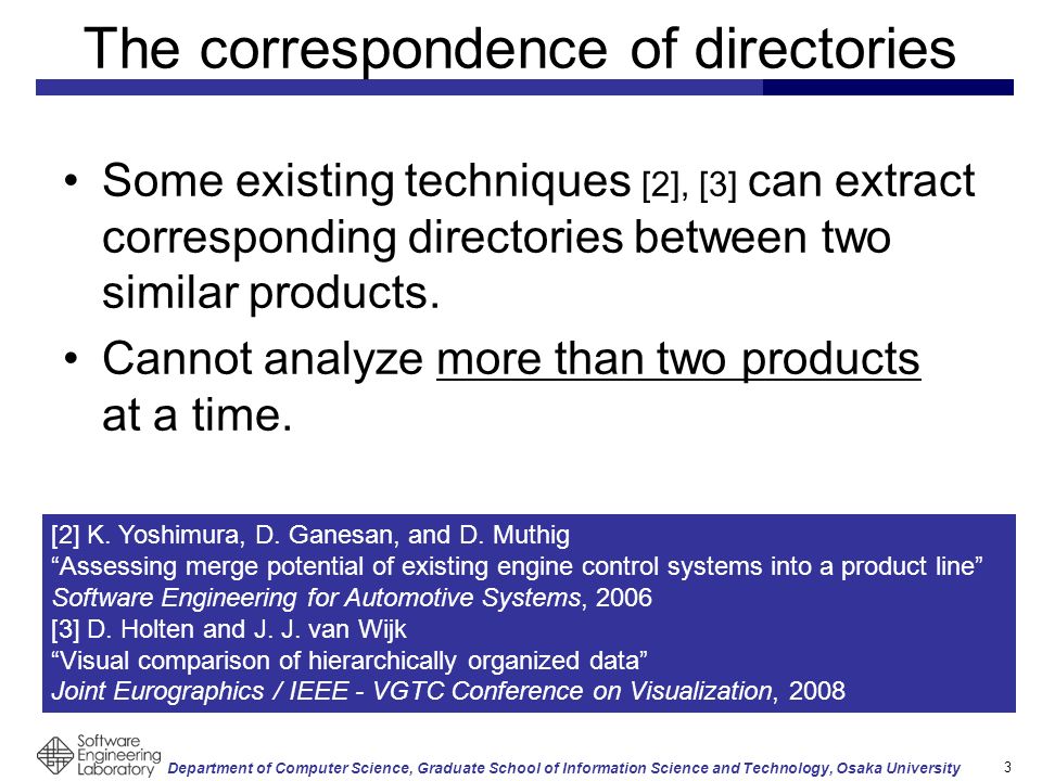 Department of Computer Science, Graduate School of Information Science and Technology, Osaka University The correspondence of directories Some existing techniques [2], [3] can extract corresponding directories between two similar products.
