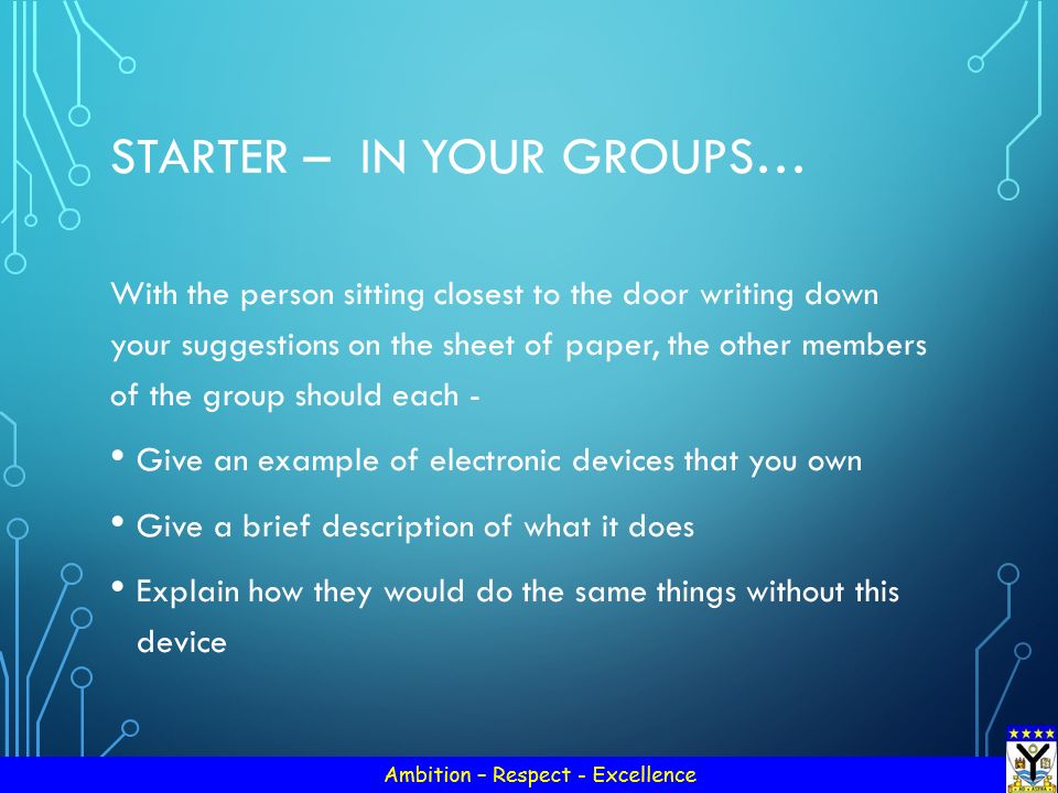 STARTER – IN YOUR GROUPS… With the person sitting closest to the door writing down your suggestions on the sheet of paper, the other members of the group should each - Give an example of electronic devices that you own Give a brief description of what it does Explain how they would do the same things without this device