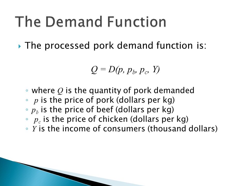  The processed pork demand function is: Q = D(p, p b, p c, Y) ◦ where Q is the quantity of pork demanded ◦ p is the price of pork (dollars per kg) ◦ p b is the price of beef (dollars per kg) ◦ p c is the price of chicken (dollars per kg) ◦ Y is the income of consumers (thousand dollars)