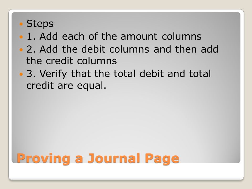 Proving a Journal Page Steps 1. Add each of the amount columns 2.