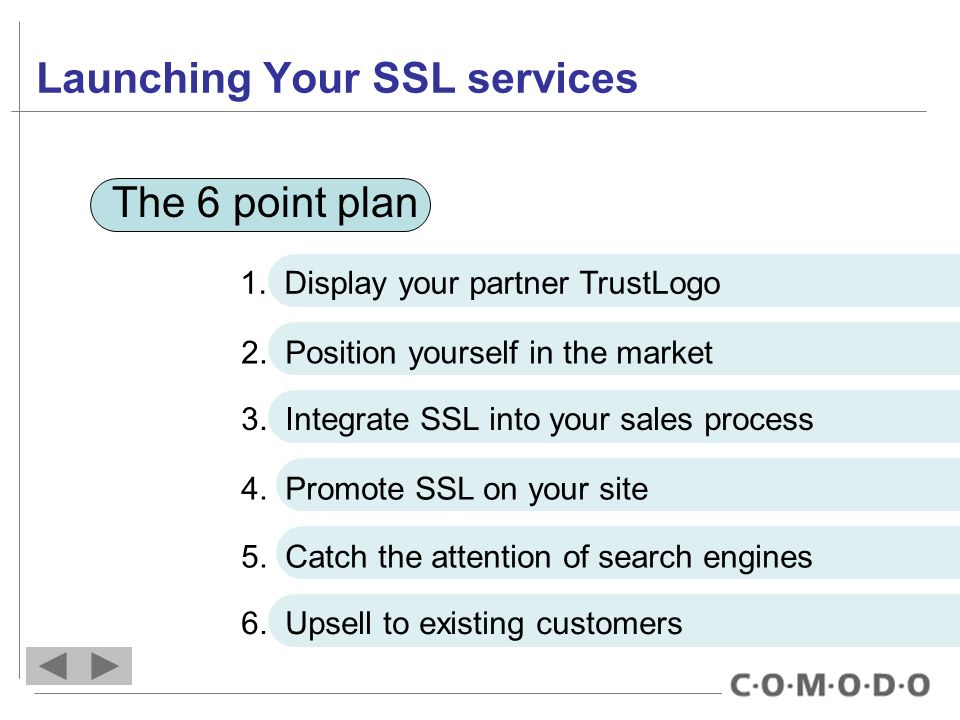 Launching Your SSL services The 6 point plan 1. Display your partner TrustLogo 2.
