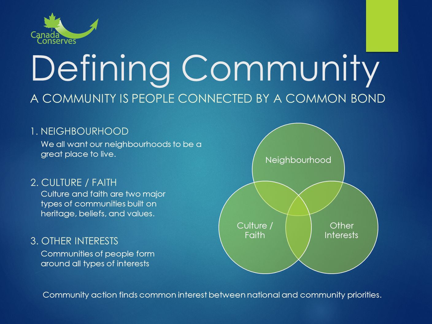 Defining Community A COMMUNITY IS PEOPLE CONNECTED BY A COMMON BOND For more information:   1.