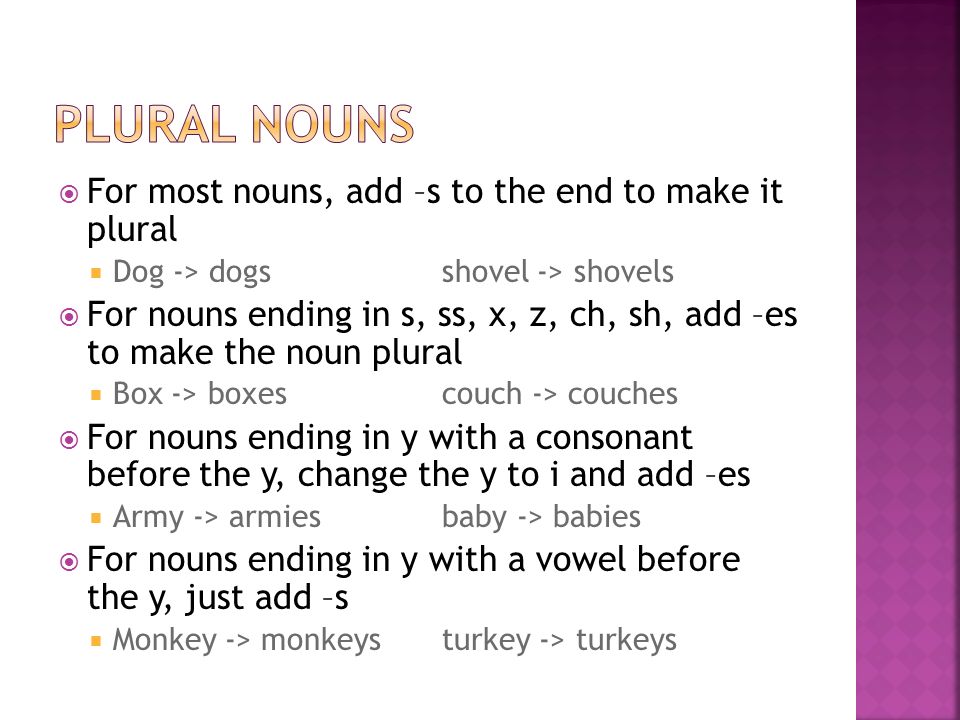  For most nouns, add –s to the end to make it plural  Dog -> dogsshovel -> shovels  For nouns ending in s, ss, x, z, ch, sh, add –es to make the noun plural  Box -> boxescouch -> couches  For nouns ending in y with a consonant before the y, change the y to i and add –es  Army -> armiesbaby -> babies  For nouns ending in y with a vowel before the y, just add –s  Monkey -> monkeysturkey -> turkeys