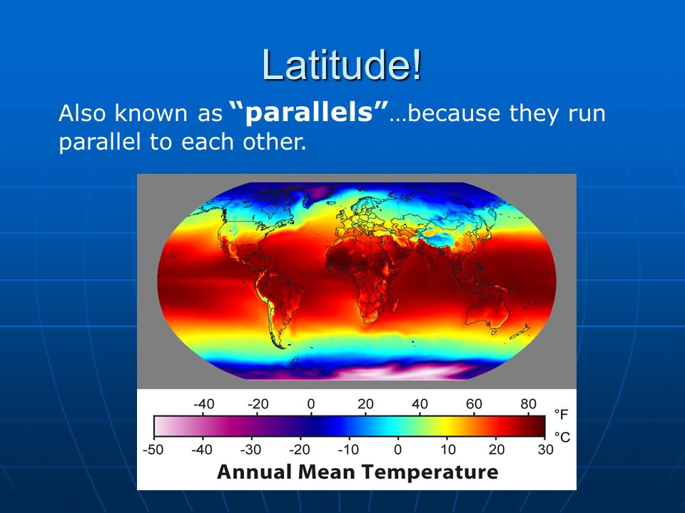 Latitude! Also known as parallels …because they run parallel to each other.