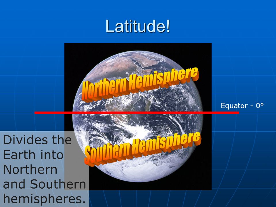 Latitude! Equator - 0° Divides the Earth into Northern and Southern hemispheres.