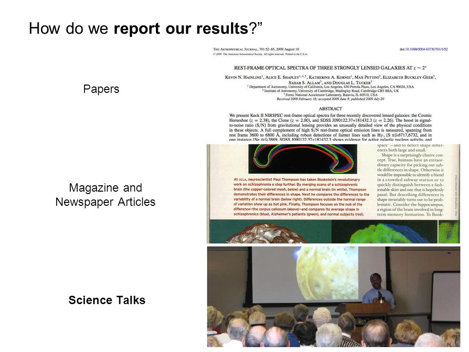 How do we report our results Papers Magazine and Newspaper Articles Science Talks