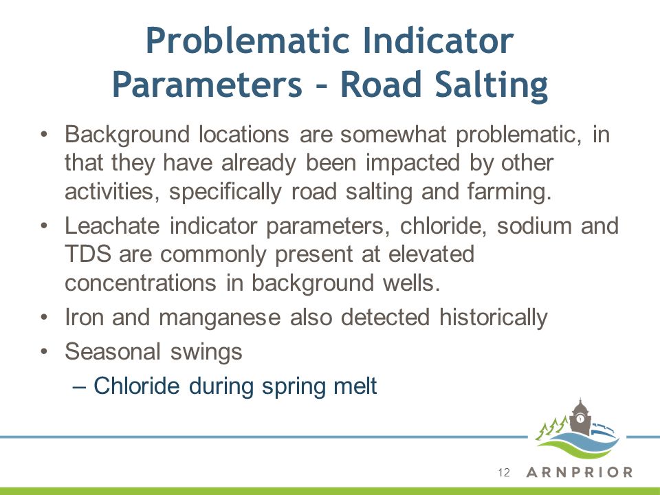 Problematic Indicator Parameters – Road Salting Background locations are somewhat problematic, in that they have already been impacted by other activities, specifically road salting and farming.