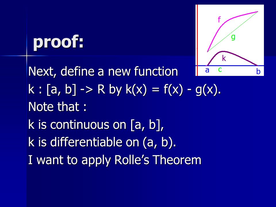 proof: Next, define a new function k : [a, b] -> R by k(x) = f(x) - g(x).