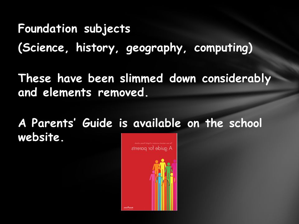 Foundation subjects (Science, history, geography, computing) These have been slimmed down considerably and elements removed.