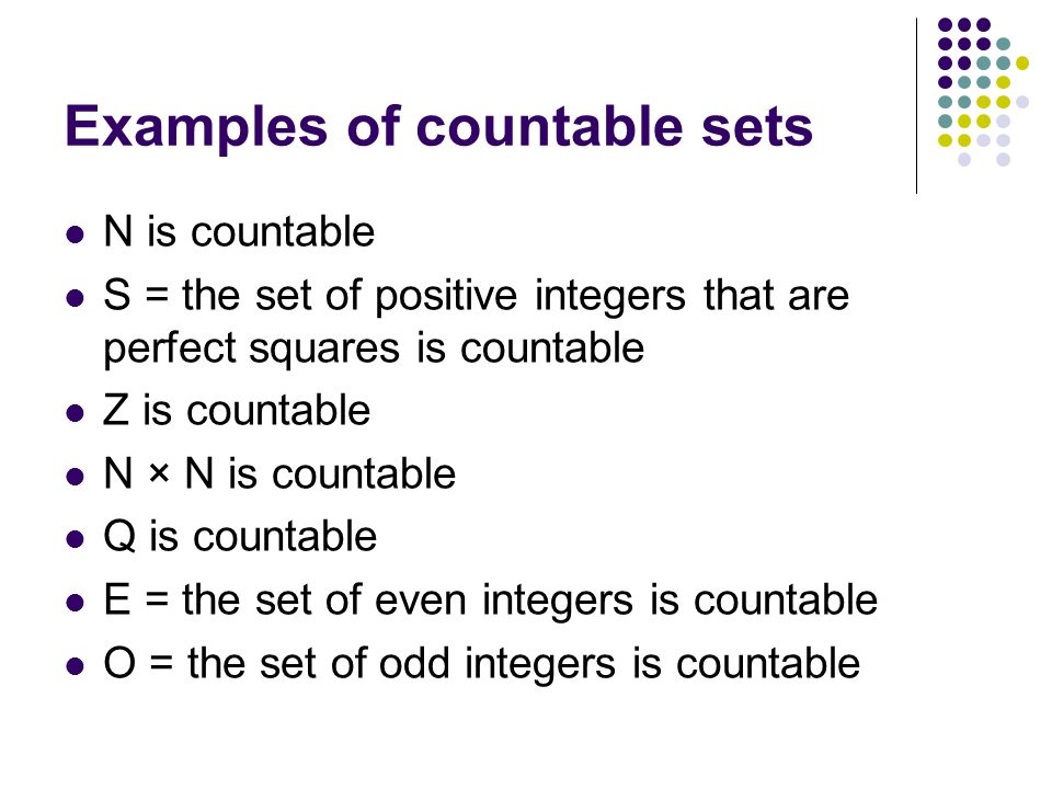 examples of countable sets Elementary set theory induction countable union of countable.