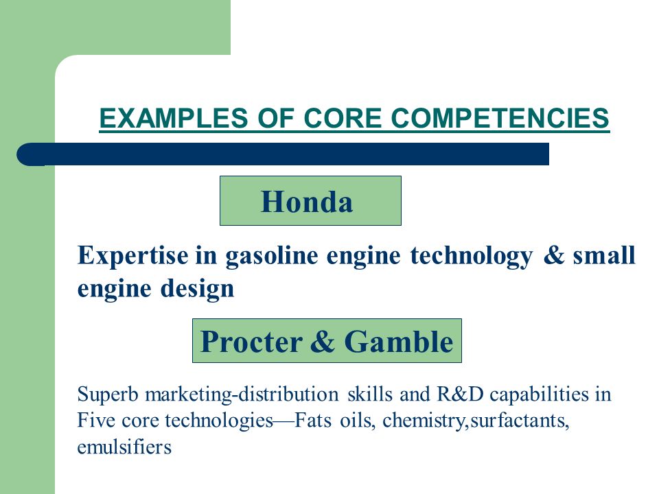 Module 9 Implementing Strategy Core Competencies Reengineering 23 Examples Of Core Competencies Honda Expertise In Gasoline Engine Technology Small Design Procter Superb Marketing Distribution Skills