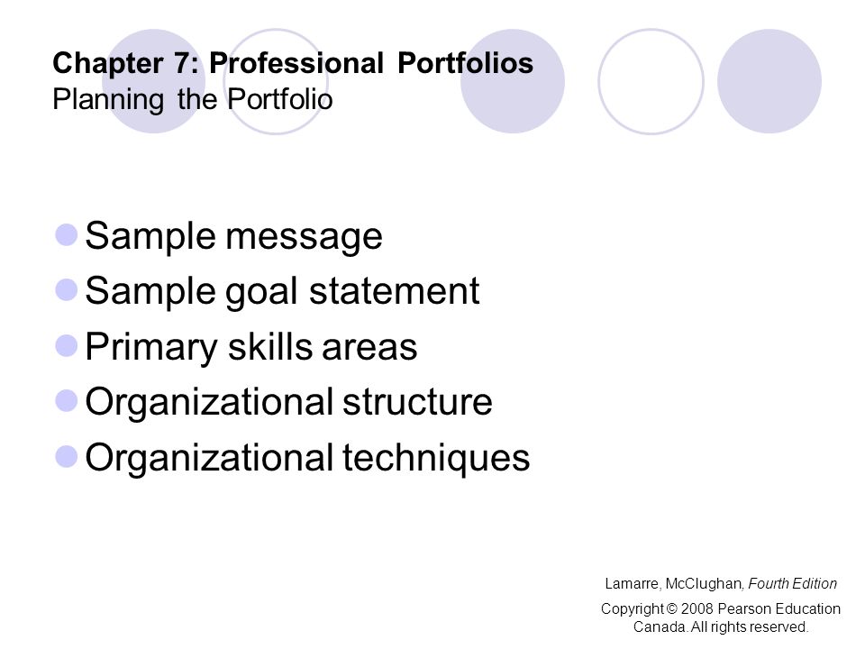 Chapter 7: Professional Portfolios Planning the Portfolio Sample message Sample goal statement Primary skills areas Organizational structure Organizational techniques Lamarre, McClughan, Fourth Edition Copyright © 2008 Pearson Education Canada.