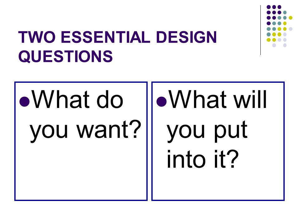 TWO ESSENTIAL DESIGN QUESTIONS What do you want What will you put into it