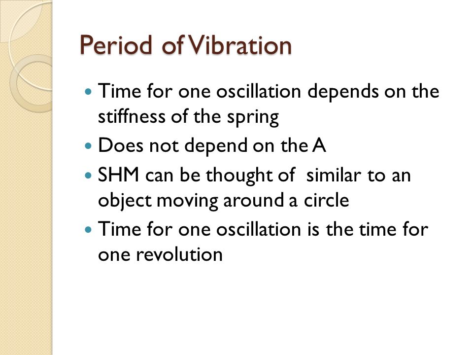 Oscillations. Period of Vibration Time for one oscillation depends on the  stiffness of the spring Does not depend on the A SHM can be thought of  similar. - ppt download