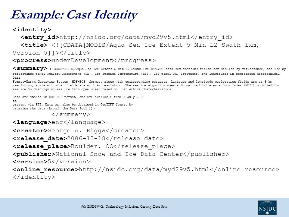 Example: Cast Identity 9th ESDSWG, Technology Infusion, Casting Data Sets   underDevelopment eng George A.