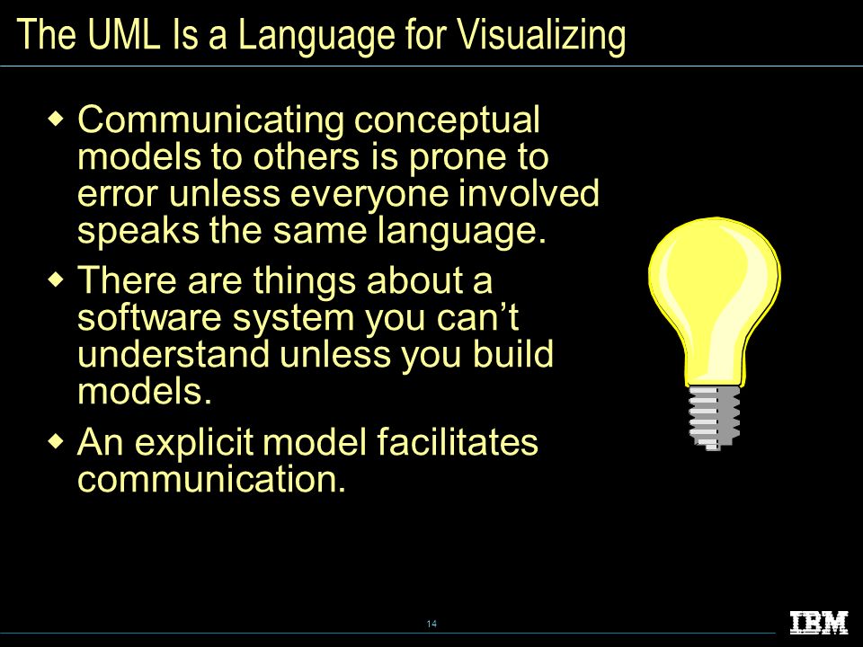 14 The UML Is a Language for Visualizing  Communicating conceptual models to others is prone to error unless everyone involved speaks the same language.