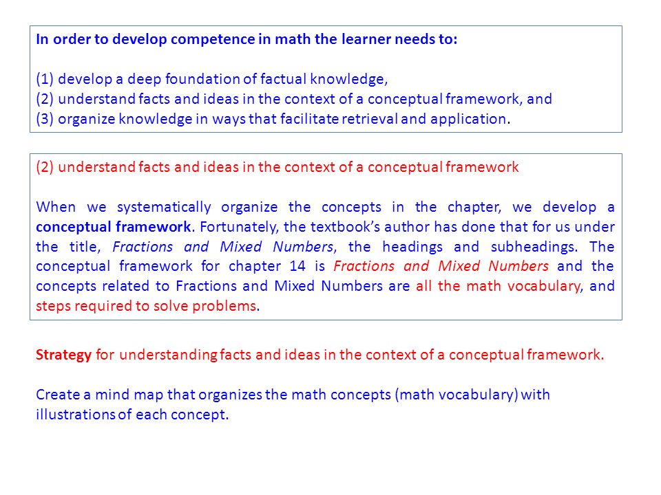 In order to develop competence in math the learner needs to: (1) develop a deep foundation of factual knowledge, (2) understand facts and ideas in the context of a conceptual framework, and (3) organize knowledge in ways that facilitate retrieval and application.