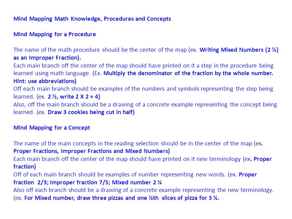 Mind Mapping Math Knowledge, Procedures and Concepts Mind Mapping for a Procedure The name of the math procedure should be the center of the map (ex.