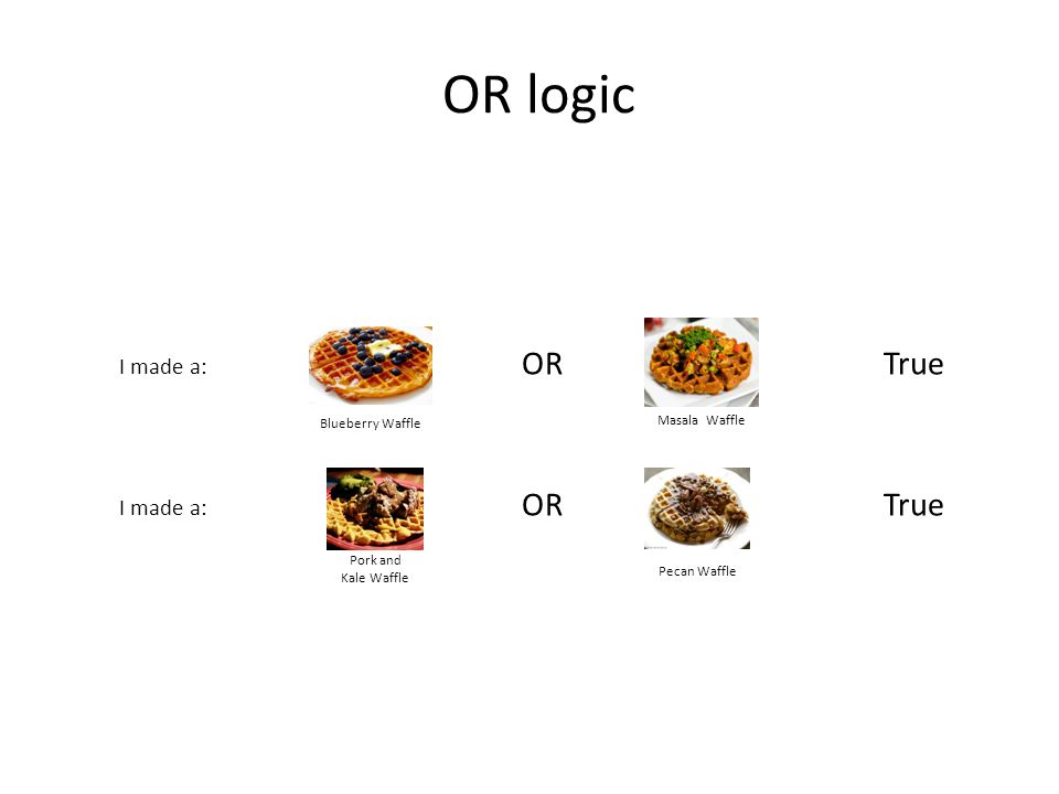 OR logic Blueberry Waffle Pork and Kale Waffle Pecan Waffle OR Masala Waffle OR I made a: True