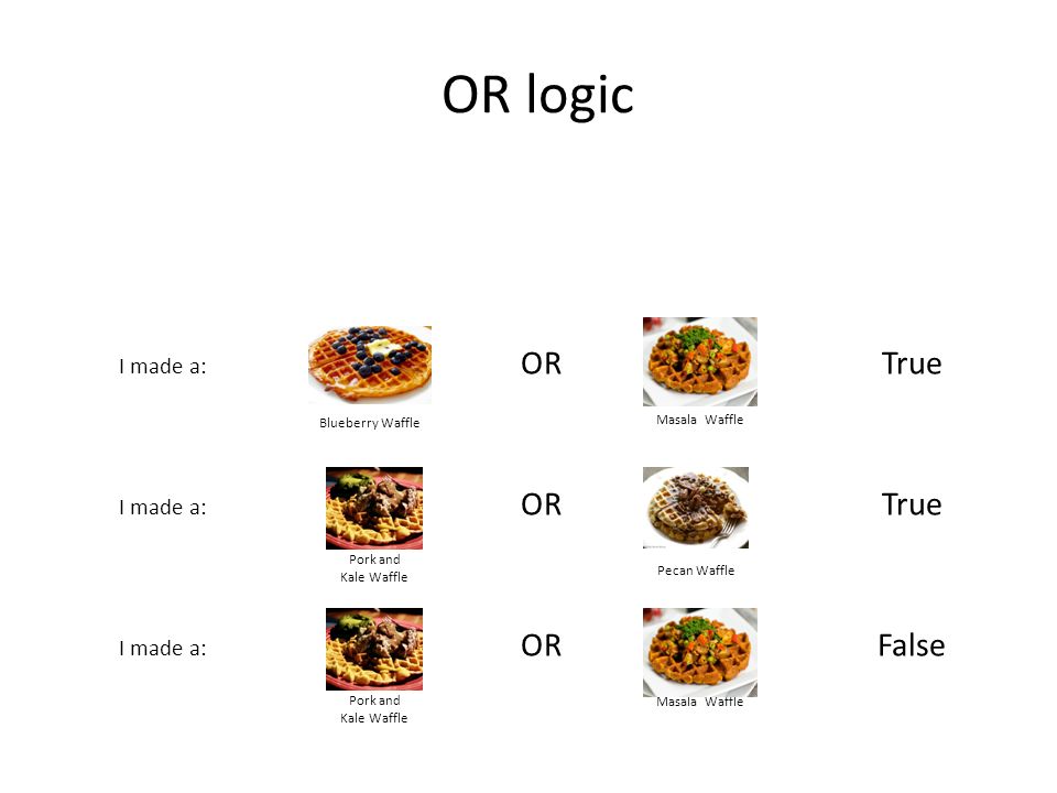 OR logic Blueberry Waffle Pork and Kale Waffle Pecan Waffle OR Masala Waffle OR I made a: True False
