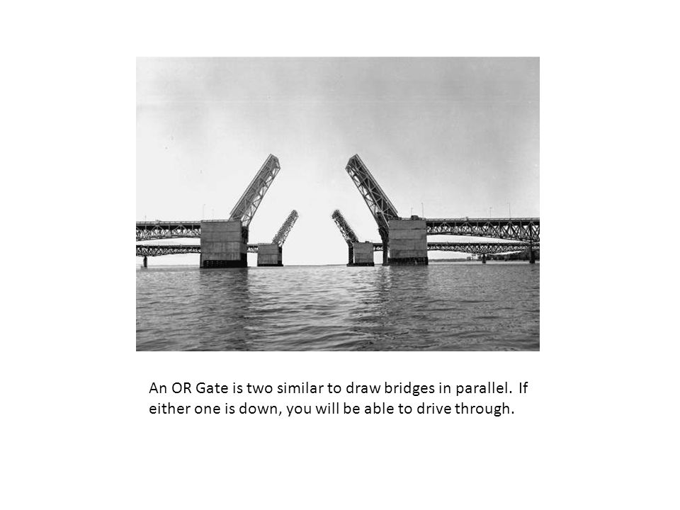 An OR Gate is two similar to draw bridges in parallel.