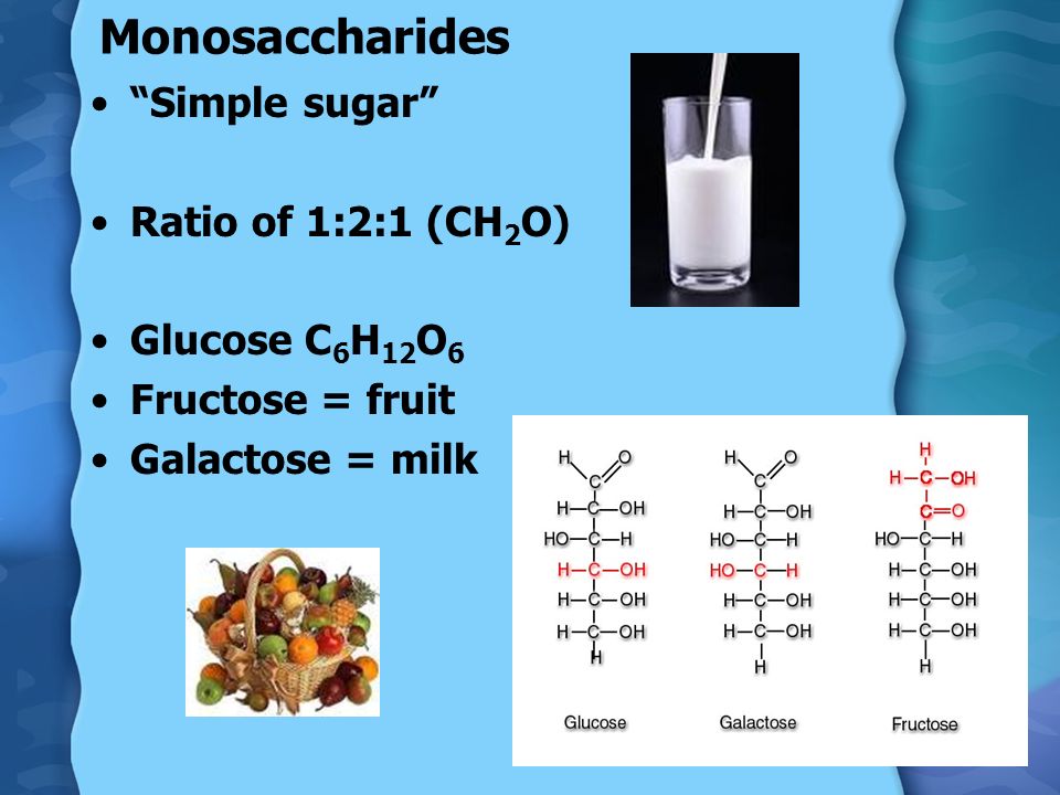 Monosaccharides Simple sugar Ratio of 1:2:1 (CH 2 O) Glucose C 6 H 12 O 6 Fructose = fruit Galactose = milk