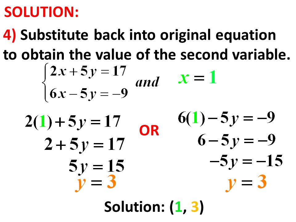SOLUTION: 4) Substitute back into original equation to obtain the value of the second variable.