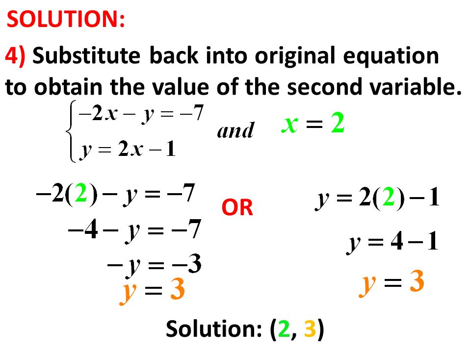 SOLUTION: 4) Substitute back into original equation to obtain the value of the second variable.