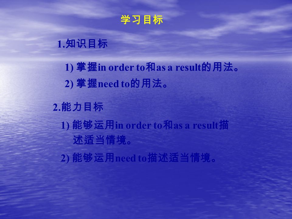 9b Unit 2 Robots Grammar 1 知识目标学习目标1 掌握in Order To 和as A Result 的用法 2 掌握need To 的用法 2 能力目标1 能够运用in Order To 和as