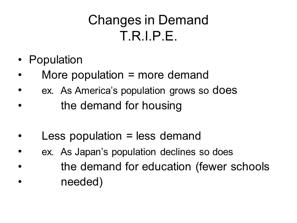 Changes in Demand T.R.I.P.E. Population More population = more demand ex.
