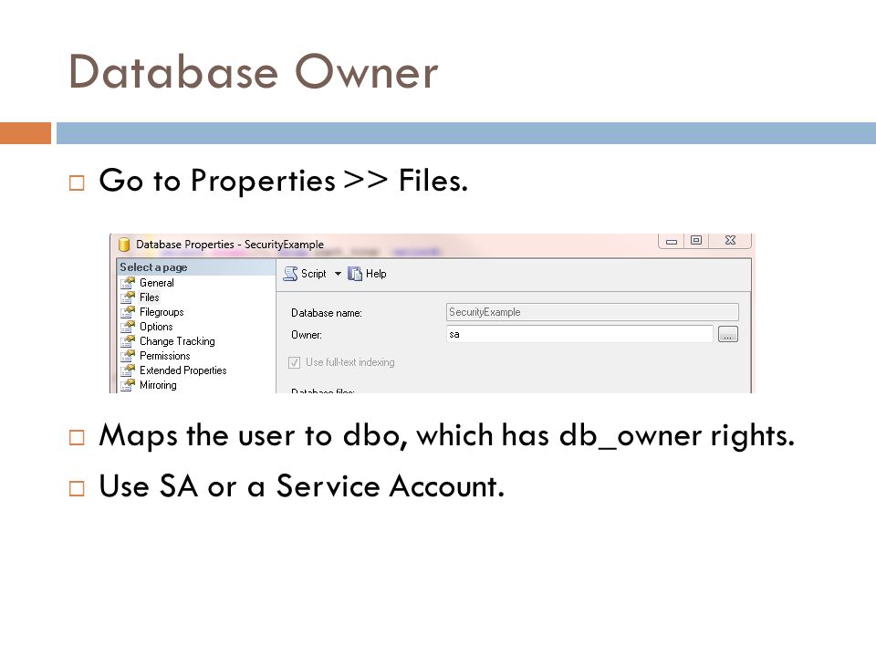 Database Owner  Go to Properties >> Files.  Maps the user to dbo, which has db_owner rights.