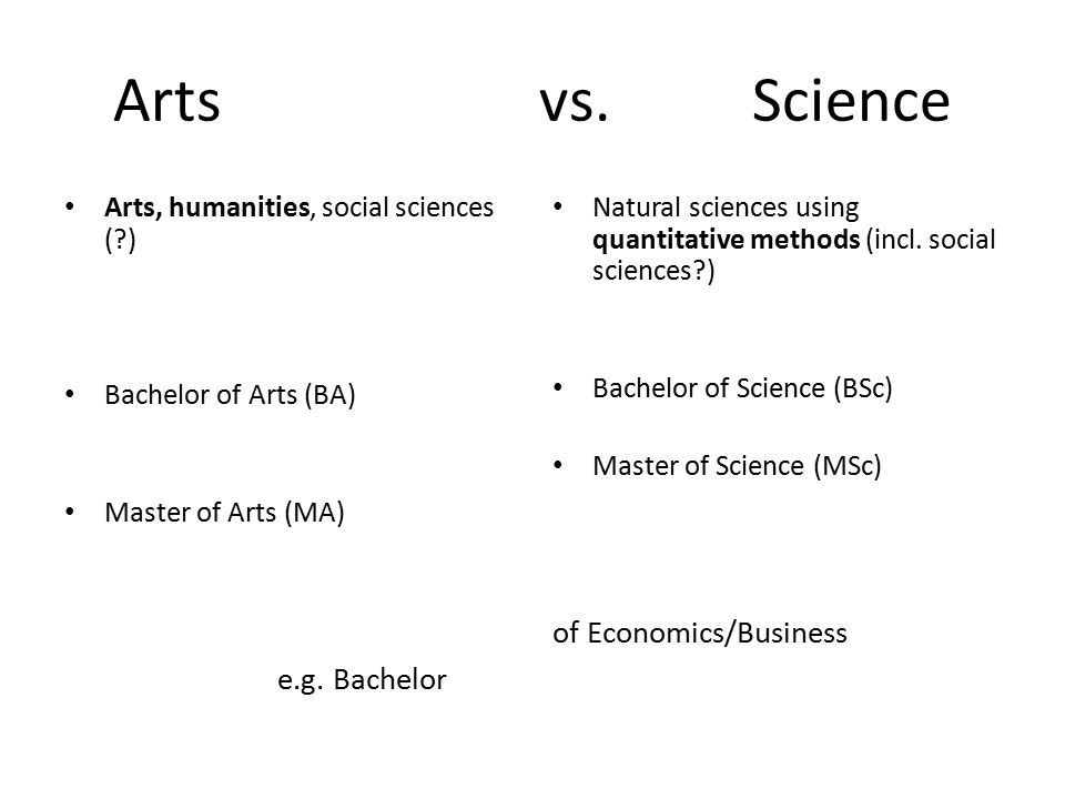 Artsvs.Science Arts, humanities, social sciences ( ) Bachelor of Arts (BA) Master of Arts (MA) e.g.