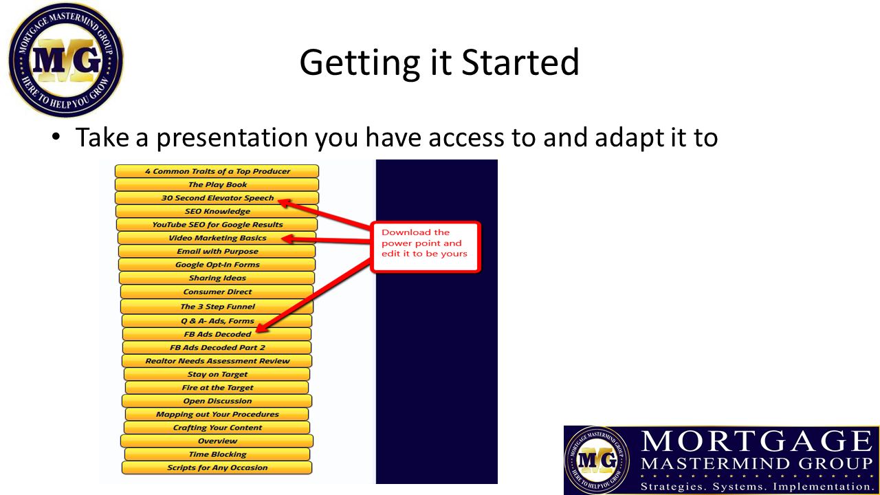 Getting it Started Take a presentation you have access to and adapt it to