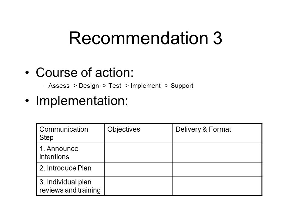 Recommendation 3 Course of action: –Assess -> Design -> Test -> Implement -> Support Implementation: Communication Step ObjectivesDelivery & Format 1.