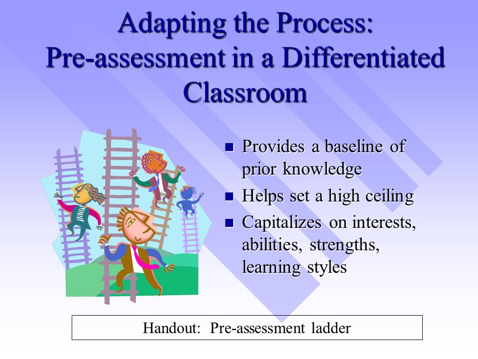 Adapting the Process: Pre-assessment in a Differentiated Classroom Provides a baseline of prior knowledge Helps set a high ceiling Capitalizes on interests, abilities, strengths, learning styles Handout: Pre-assessment ladder