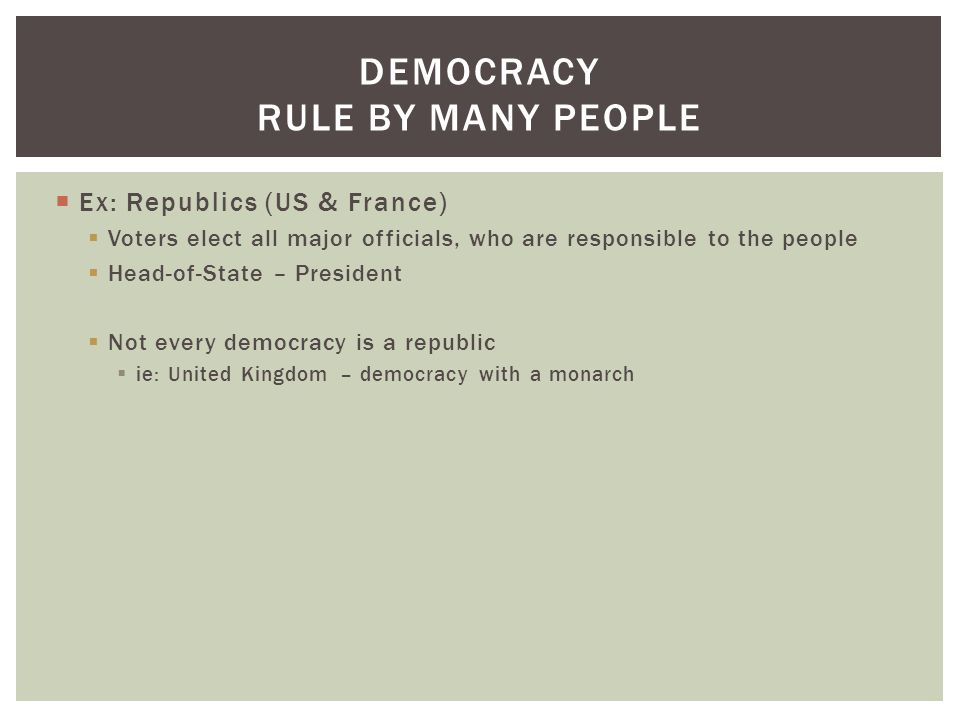  Ex: Republics (US & France)  Voters elect all major officials, who are responsible to the people  Head-of-State – President  Not every democracy is a republic  ie: United Kingdom – democracy with a monarch DEMOCRACY RULE BY MANY PEOPLE