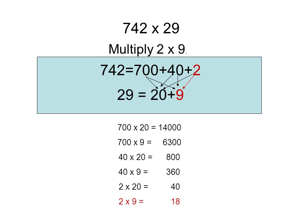 742= = 20+9 Multiply 2 x 20.