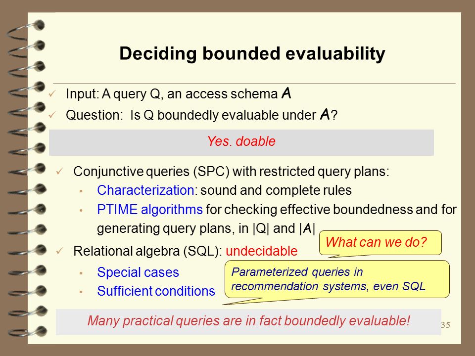 35 Deciding bounded evaluability Input: A query Q, an access schema A Question: Is Q boundedly evaluable under A .