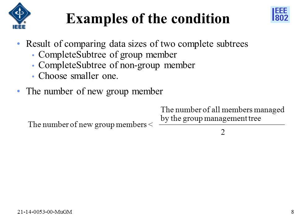 Examples of the condition Result of comparing data sizes of two complete subtrees CompleteSubtree of group member CompleteSubtree of non-group member Choose smaller one.
