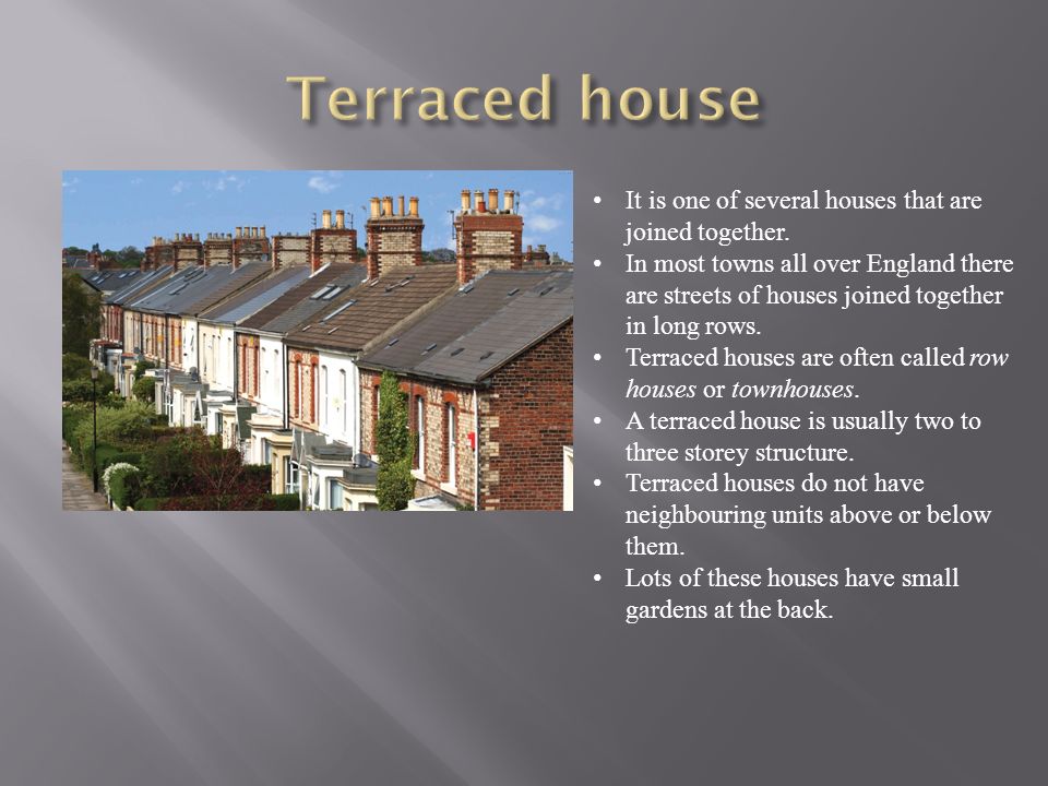 Английские дома презентация. Terraced House в Англии описание. Terraced Houses (Row House) Англии. Типы домов на английском. British Houses презентация.