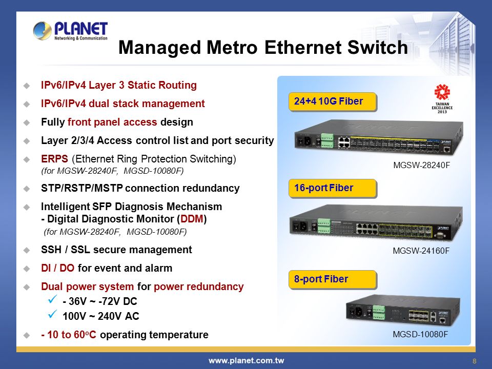 8 MGSW-28240F MGSW-24160F MGSD-10080F Managed Metro Ethernet Switch  IPv6/IPv4 Layer 3 Static Routing  IPv6/IPv4 dual stack management  Fully front panel access design  Layer 2/3/4 Access control list and port security  ERPS (Ethernet Ring Protection Switching) (for MGSW-28240F, MGSD-10080F)  STP/RSTP/MSTP connection redundancy  Intelligent SFP Diagnosis Mechanism - Digital Diagnostic Monitor (DDM) (for MGSW-28240F, MGSD-10080F)  SSH / SSL secure management  DI / DO for event and alarm  Dual power system for power redundancy - 36V ~ -72V DC 100V ~ 240V AC  - 10 to 60 o C operating temperature G Fiber 16-port Fiber 8-port Fiber