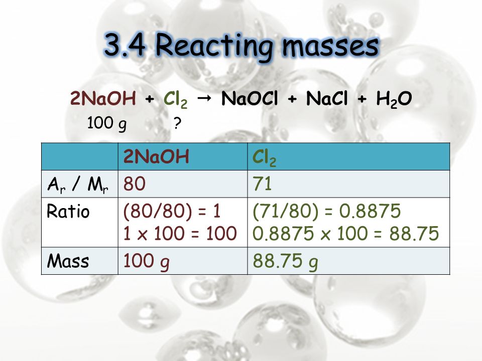 2NaOH + Cl 2  NaOCl + NaCl + H 2 O 100 g.