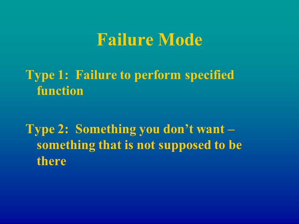 Failure Mode Type 1: Failure to perform specified function Type 2: Something you don’t want – something that is not supposed to be there