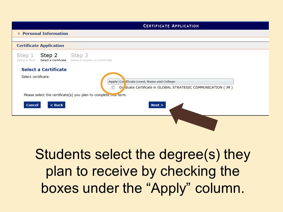 Students select the degree(s) they plan to receive by checking the boxes under the Apply column.