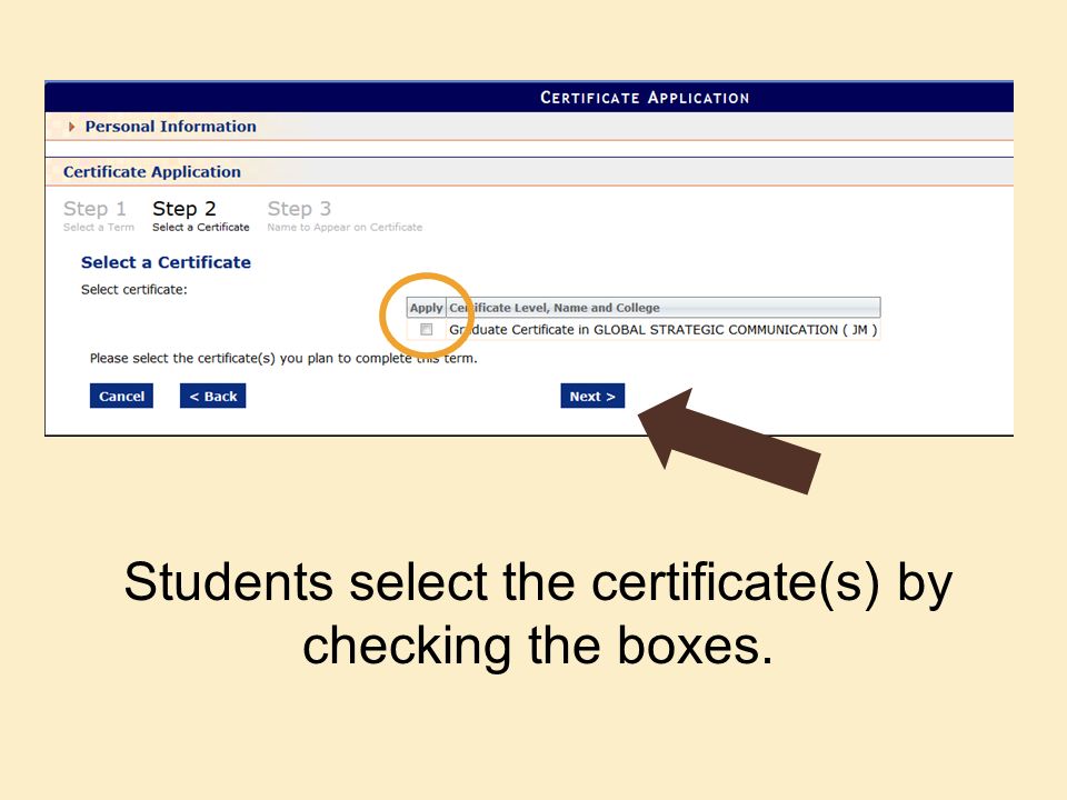 Students select the certificate(s) by checking the boxes.