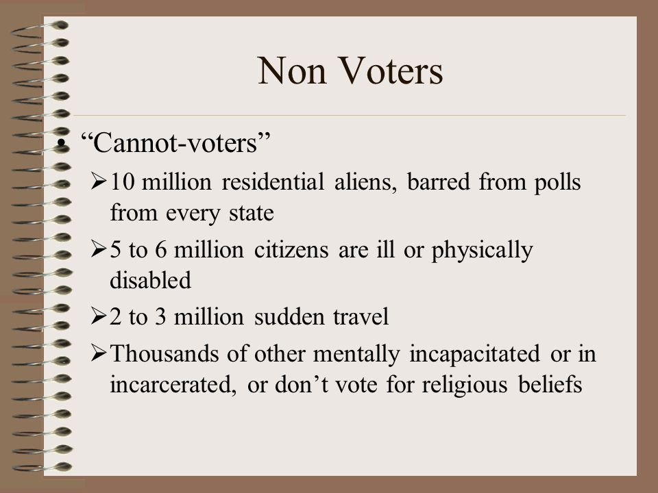 Non Voters Cannot-voters  10 million residential aliens, barred from polls from every state  5 to 6 million citizens are ill or physically disabled  2 to 3 million sudden travel  Thousands of other mentally incapacitated or in incarcerated, or don’t vote for religious beliefs